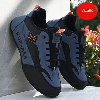 Férfi PU bőr vízálló casual sportcipő, fűzős, hegyesorrú, gumírozott talppal