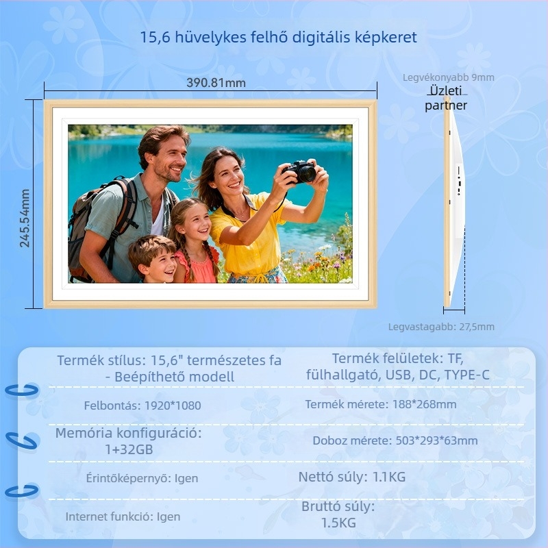 Érintéses digitális fotókeret testreszabással — 800x1280 felbontás, 32GB tárhely, USB/TF memóriakártya támogatás, WiFi/Bluetooth, OEM logó nyomtatás