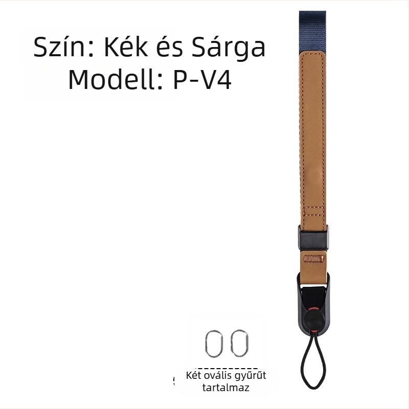 Kamera csuklópánt P-V1 — gyorsoldalas, mágneses, állítható; DSLR és mirrorless kamerákhoz; Anyag: webbing + bőr + ABS; Tömeg: 50 g