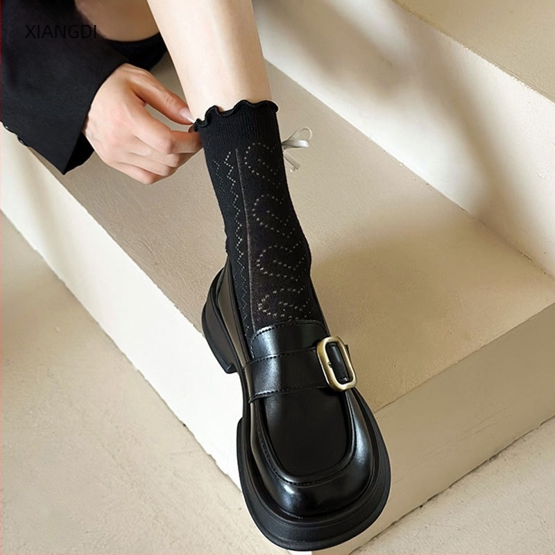 Női Lofu cipő, felső réteg tehénbőr, Slip-On, kerek orr, középmagas sarok 3-5 cm