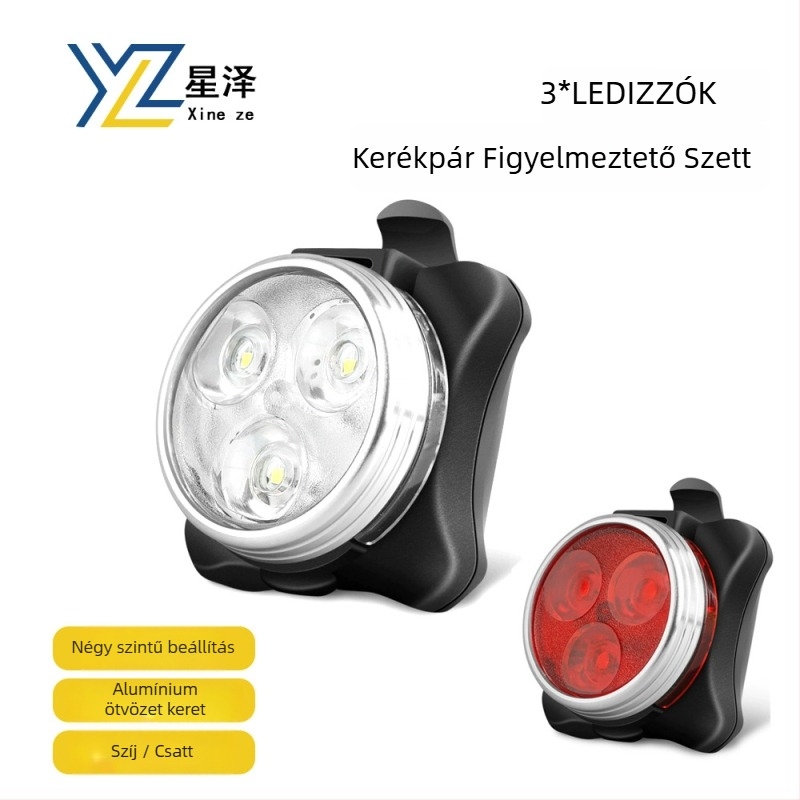 Kerékpár első- és hátsó lámpa készlet, USB-C töltés, 3 LED, szíj rögzítés éjszakai kültéri kerékpározáshoz