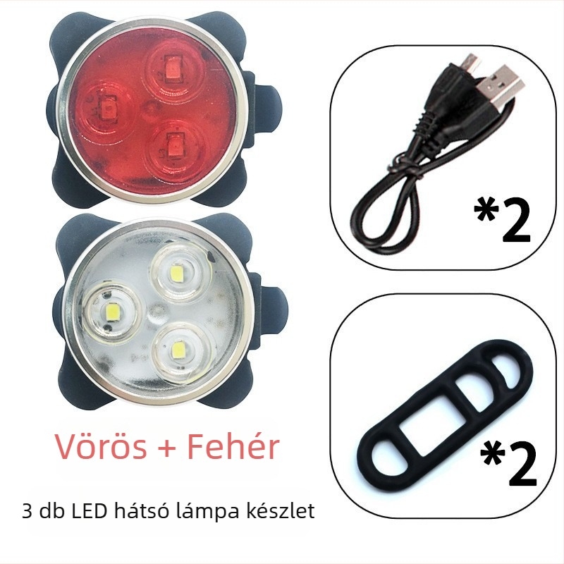Kerékpár első- és hátsó lámpa készlet, USB-C töltés, 3 LED, szíj rögzítés éjszakai kültéri kerékpározáshoz