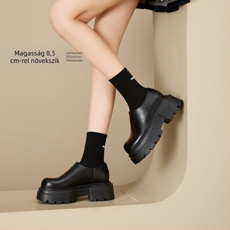 Női bőrből készült cipő, Slip-On, vastag platform, 6–8 cm magasított sarok, kerek orr