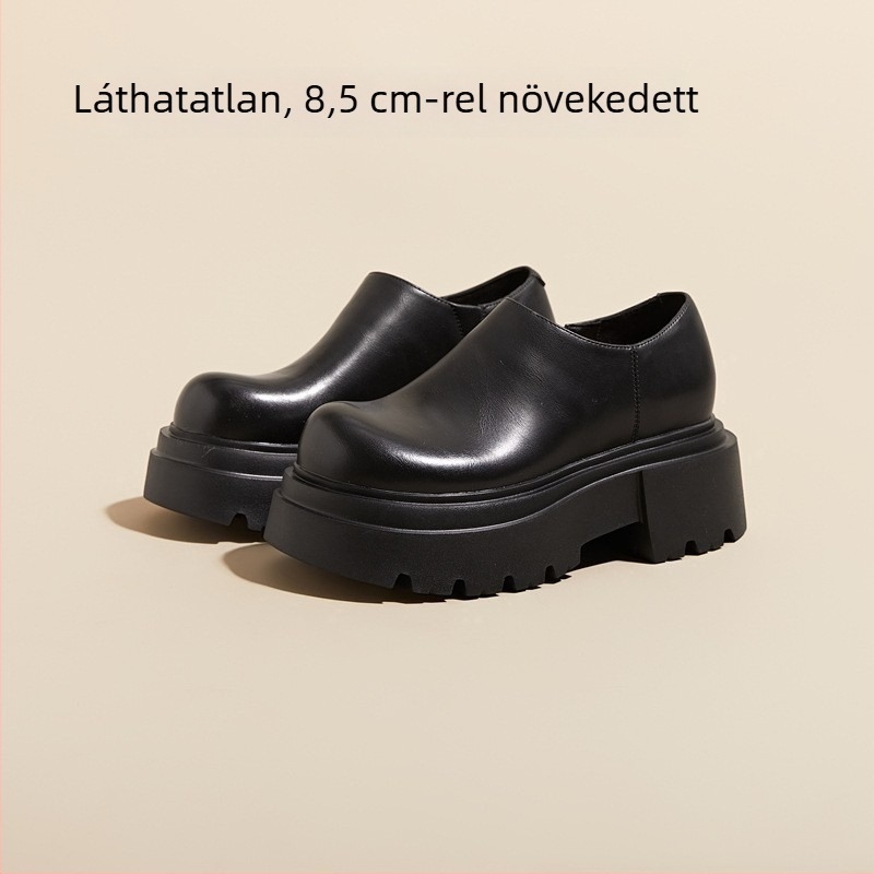 Női bőrből készült cipő, Slip-On, vastag platform, 6–8 cm magasított sarok, kerek orr