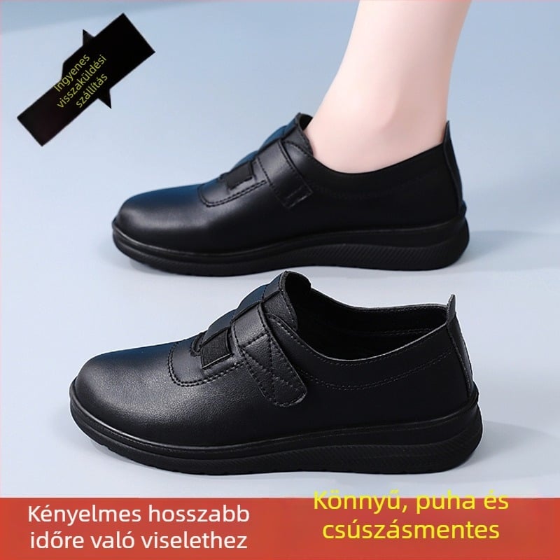 Női bőr munkacipő Velcro zárással, kerek orr, alacsony sarka 1–3 cm, PU talp, könnyű mindennapi használatra