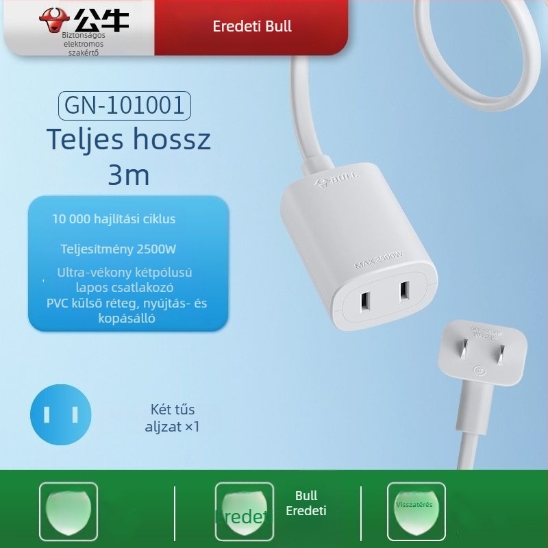 Bull hordozható hosszabbító egyetlen aljzattal, 10A, 2500W