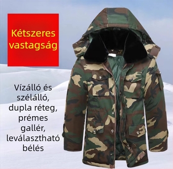 Kamuflázs katonai kabát télre – vízálló, szélálló és meleg, pamutkeverék anyag, középhosszú