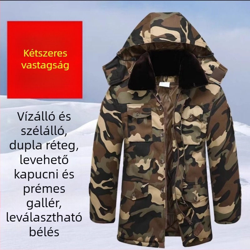 Kamuflázs katonai kabát télre – vízálló, szélálló és meleg, pamutkeverék anyag, középhosszú