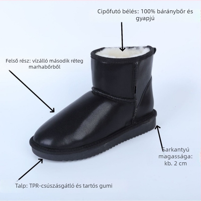 Női téli csizma split bőr felsőrésszel, gyapjú bélés, csúszásmentes gumitalp, rövid szár 10-20 cm, alacsony sarka 1-3 cm