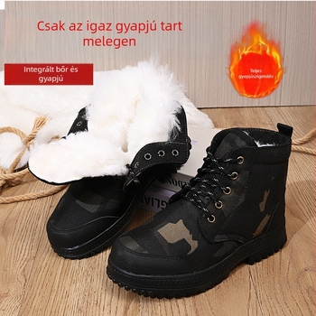 Téli gyapjú bélésű hócsizma, vulkanizált talp, kopásálló gumi talp, kockás minta, előre fűzős zárás