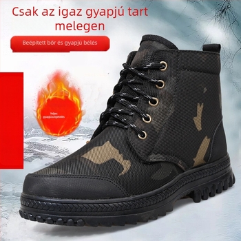 Téli gyapjú bélésű hócsizma, vulkanizált talp, kopásálló gumi talp, kockás minta, előre fűzős zárás