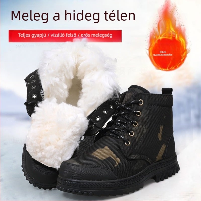 Téli gyapjú bélésű hócsizma, vulkanizált talp, kopásálló gumi talp, kockás minta, előre fűzős zárás