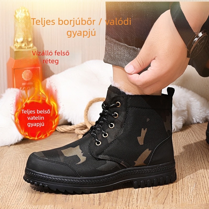 Téli gyapjú bélésű hócsizma, vulkanizált talp, kopásálló gumi talp, kockás minta, előre fűzős zárás