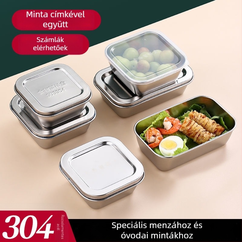 Rozsdamentes acélból készült négyszögletes ételtároló doboz, 304-es minősítésű, fedéllel, kapacitás 300 ml alatt, crisperware