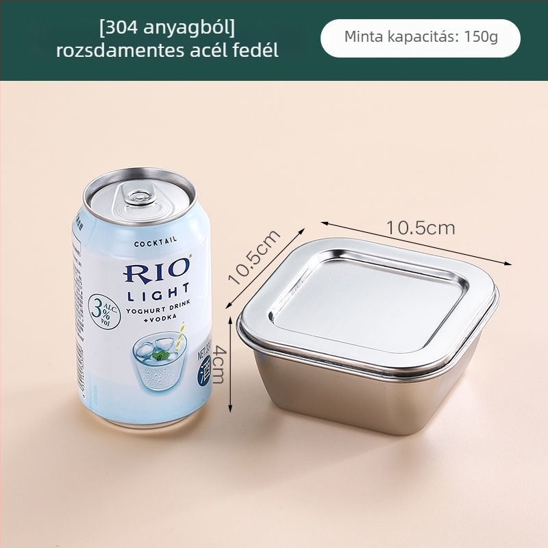 Rozsdamentes acélból készült négyszögletes ételtároló doboz, 304-es minősítésű, fedéllel, kapacitás 300 ml alatt, crisperware