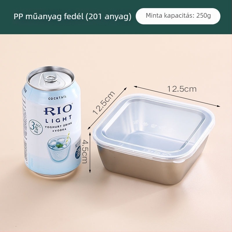 Rozsdamentes acélból készült négyszögletes ételtároló doboz, 304-es minősítésű, fedéllel, kapacitás 300 ml alatt, crisperware