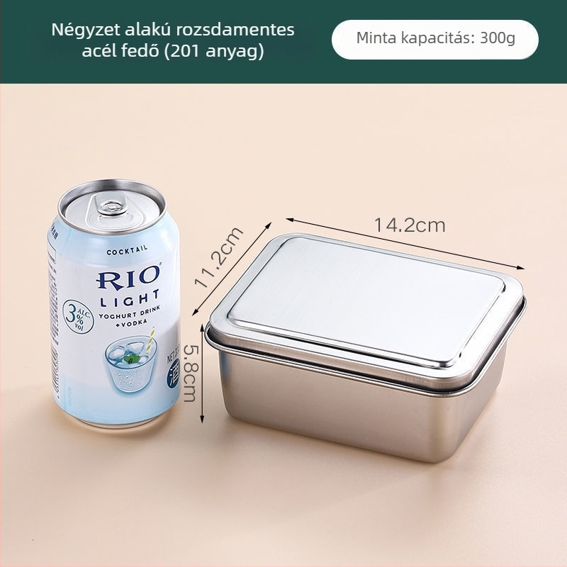 Rozsdamentes acélból készült négyszögletes ételtároló doboz, 304-es minősítésű, fedéllel, kapacitás 300 ml alatt, crisperware