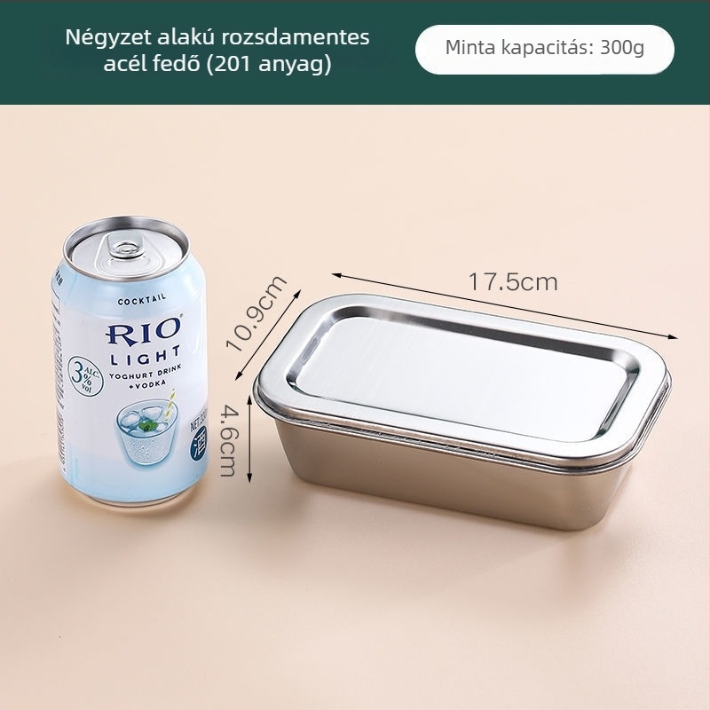Rozsdamentes acélból készült négyszögletes ételtároló doboz, 304-es minősítésű, fedéllel, kapacitás 300 ml alatt, crisperware