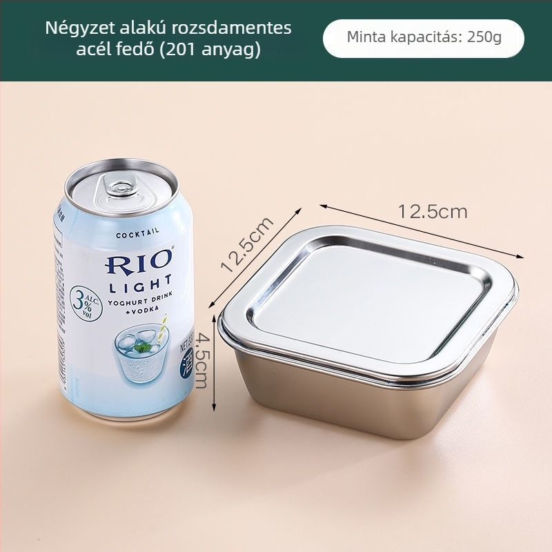 Rozsdamentes acélból készült négyszögletes ételtároló doboz, 304-es minősítésű, fedéllel, kapacitás 300 ml alatt, crisperware