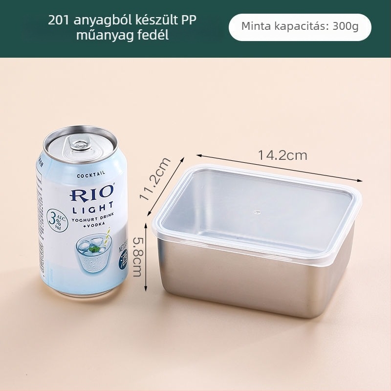 Rozsdamentes acélból készült négyszögletes ételtároló doboz, 304-es minősítésű, fedéllel, kapacitás 300 ml alatt, crisperware
