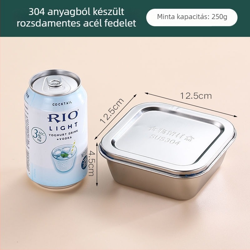 Rozsdamentes acélból készült négyszögletes ételtároló doboz, 304-es minősítésű, fedéllel, kapacitás 300 ml alatt, crisperware