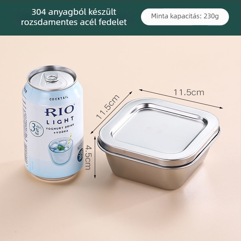 Rozsdamentes acélból készült négyszögletes ételtároló doboz, 304-es minősítésű, fedéllel, kapacitás 300 ml alatt, crisperware