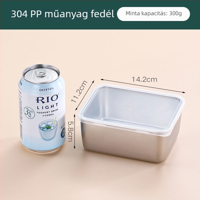 Rozsdamentes acélból készült négyszögletes ételtároló doboz, 304-es minősítésű, fedéllel, kapacitás 300 ml alatt, crisperware