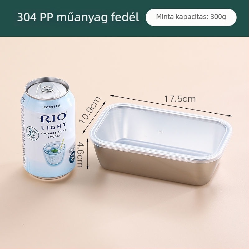 Rozsdamentes acélból készült négyszögletes ételtároló doboz, 304-es minősítésű, fedéllel, kapacitás 300 ml alatt, crisperware
