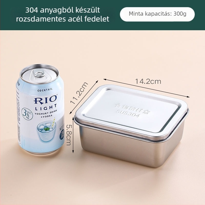 Rozsdamentes acélból készült négyszögletes ételtároló doboz, 304-es minősítésű, fedéllel, kapacitás 300 ml alatt, crisperware
