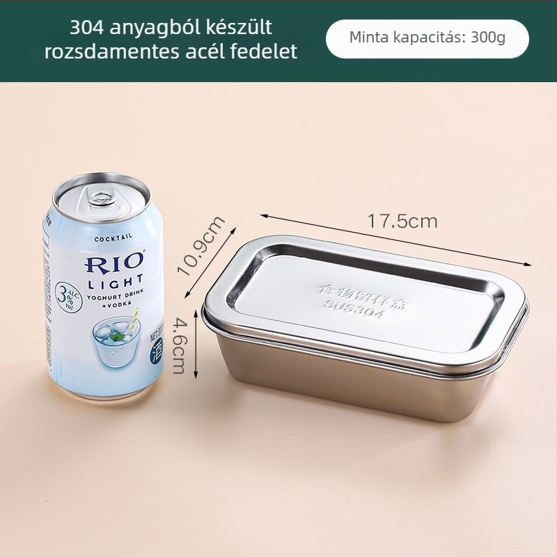Rozsdamentes acélból készült négyszögletes ételtároló doboz, 304-es minősítésű, fedéllel, kapacitás 300 ml alatt, crisperware