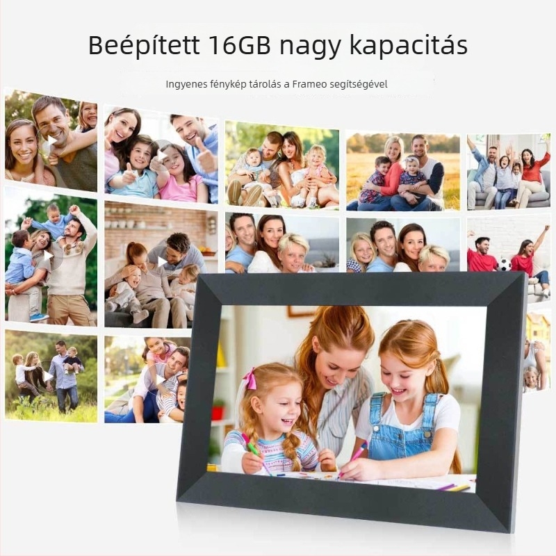 Frameo felhős digitális fotókeret Wi‑Fi érintőképernyővel, 1280×800 felbontás, 16GB tárhely, SD/USB támogatás, videólejátszás