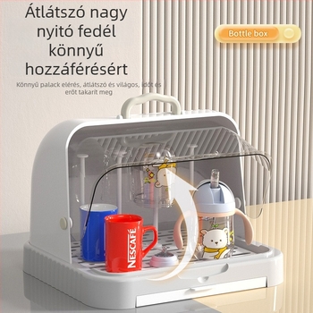 Baba etetéséhez és cumisüveghez való tároló doboz porvédett fedővel és leeresztő sínnel; etetőeszközök és játékok tárolása; dupla rétegű tejpor-doboz
