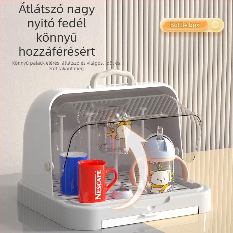 Baba etetéséhez és cumisüveghez való tároló doboz porvédett fedővel és leeresztő sínnel; etetőeszközök és játékok tárolása; dupla rétegű tejpor-doboz