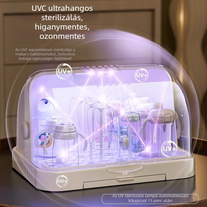 Baba etetéséhez és cumisüveghez való tároló doboz porvédett fedővel és leeresztő sínnel; etetőeszközök és játékok tárolása; dupla rétegű tejpor-doboz