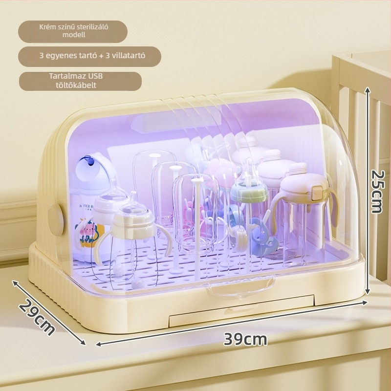 Baba etetéséhez és cumisüveghez való tároló doboz porvédett fedővel és leeresztő sínnel; etetőeszközök és játékok tárolása; dupla rétegű tejpor-doboz