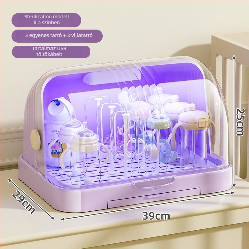 Baba etetéséhez és cumisüveghez való tároló doboz porvédett fedővel és leeresztő sínnel; etetőeszközök és játékok tárolása; dupla rétegű tejpor-doboz