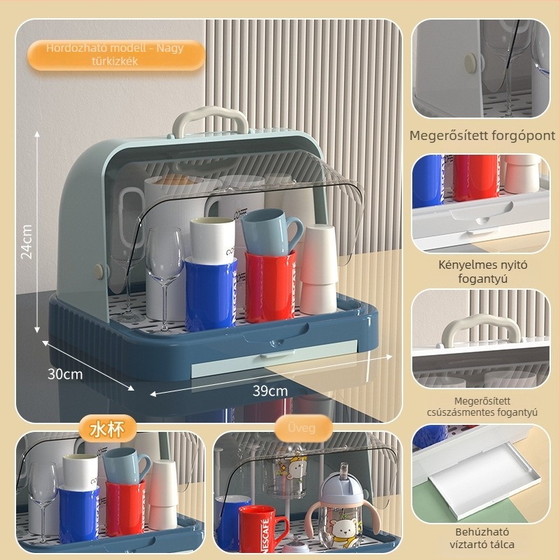 Baba etetéséhez és cumisüveghez való tároló doboz porvédett fedővel és leeresztő sínnel; etetőeszközök és játékok tárolása; dupla rétegű tejpor-doboz