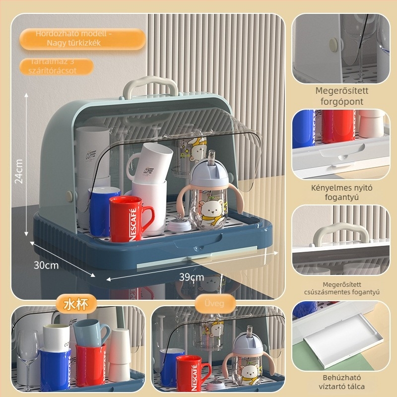 Baba etetéséhez és cumisüveghez való tároló doboz porvédett fedővel és leeresztő sínnel; etetőeszközök és játékok tárolása; dupla rétegű tejpor-doboz