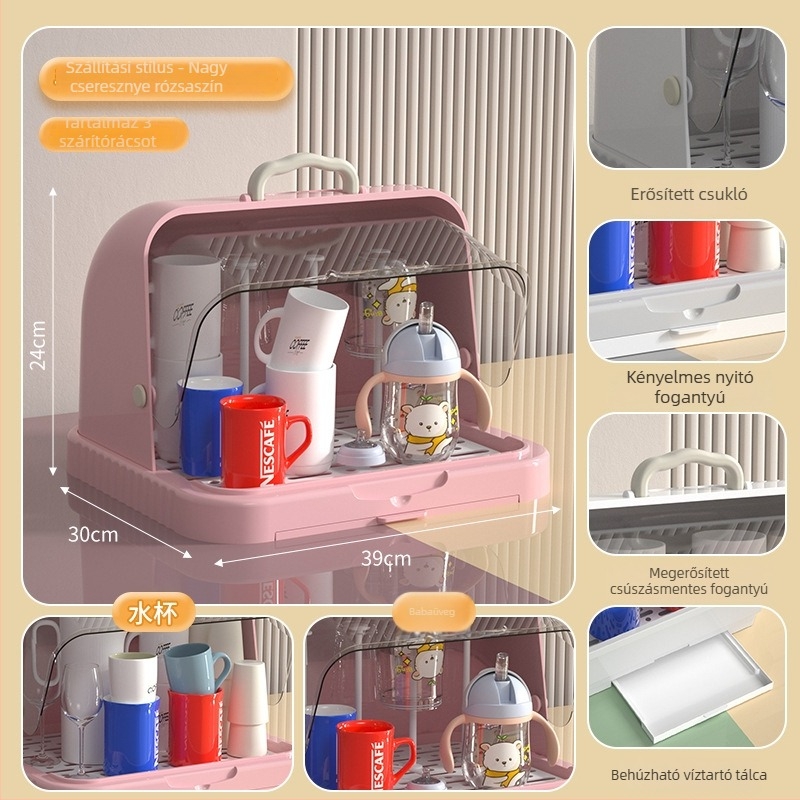 Baba etetéséhez és cumisüveghez való tároló doboz porvédett fedővel és leeresztő sínnel; etetőeszközök és játékok tárolása; dupla rétegű tejpor-doboz