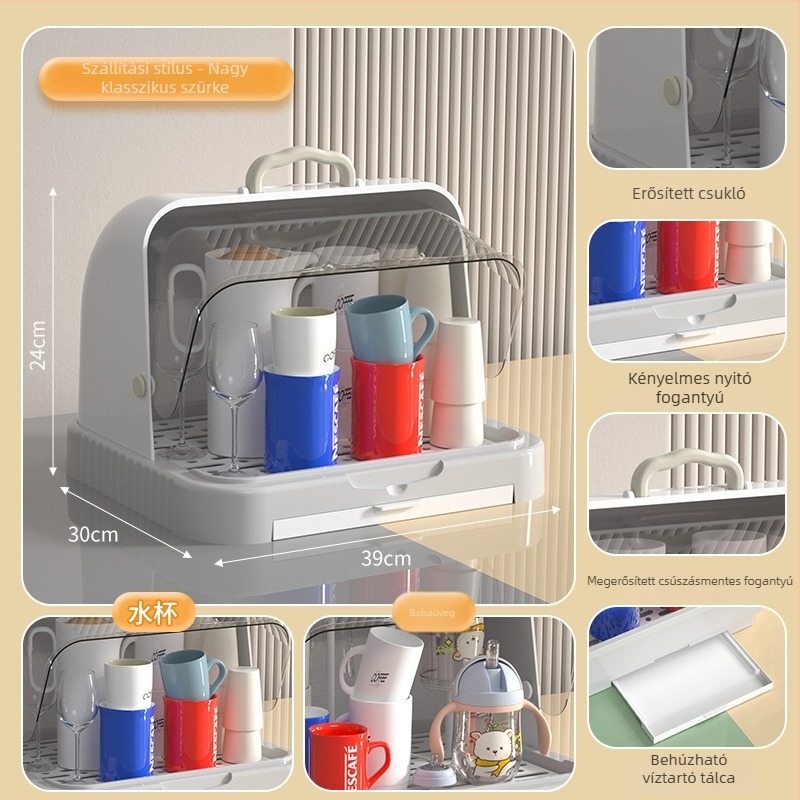 Baba etetéséhez és cumisüveghez való tároló doboz porvédett fedővel és leeresztő sínnel; etetőeszközök és játékok tárolása; dupla rétegű tejpor-doboz