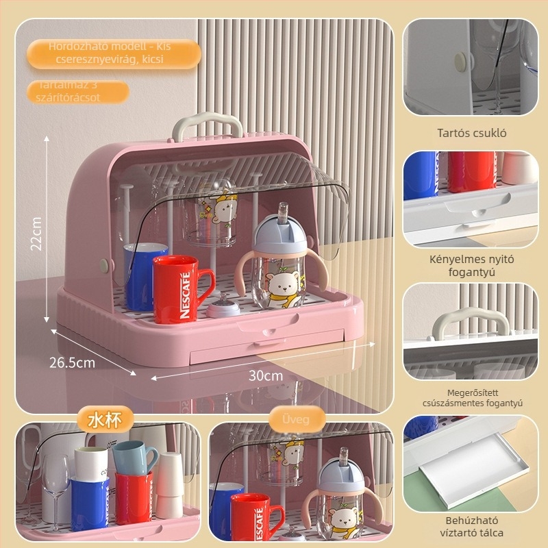 Baba etetéséhez és cumisüveghez való tároló doboz porvédett fedővel és leeresztő sínnel; etetőeszközök és játékok tárolása; dupla rétegű tejpor-doboz