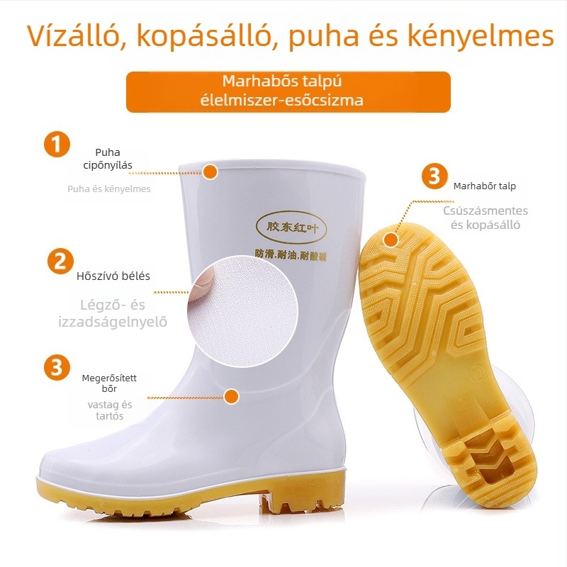 Élelmiszer-higiéniás csizma – uniszex, vízálló, csúszásmentes, talpa Beef Tendon, magas szár, műanyag felsőrész