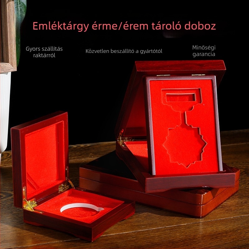 Fából készült érme- és jelvényes ajándékdobozt szitanyomással, belső sárga habbal párnázott, logó nyomtatással és testreszabási lehetőséggel