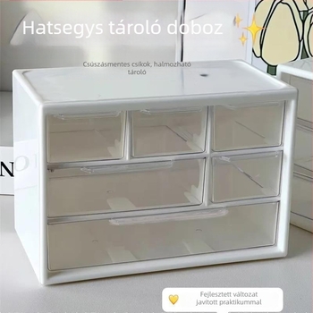 Akril tároló doboz fiókos kivitelben, hat rekesz, 1 L kapacitás, modern minimalist dizájn, asztali rendező.