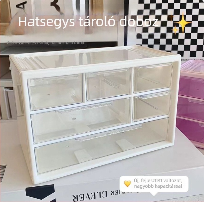 Akril tároló doboz fiókos kivitelben, hat rekesz, 1 L kapacitás, modern minimalist dizájn, asztali rendező.