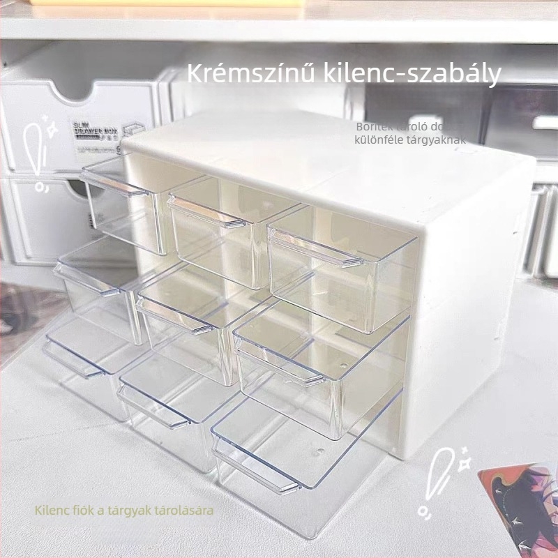 Akril tároló doboz fiókos kivitelben, hat rekesz, 1 L kapacitás, modern minimalist dizájn, asztali rendező.