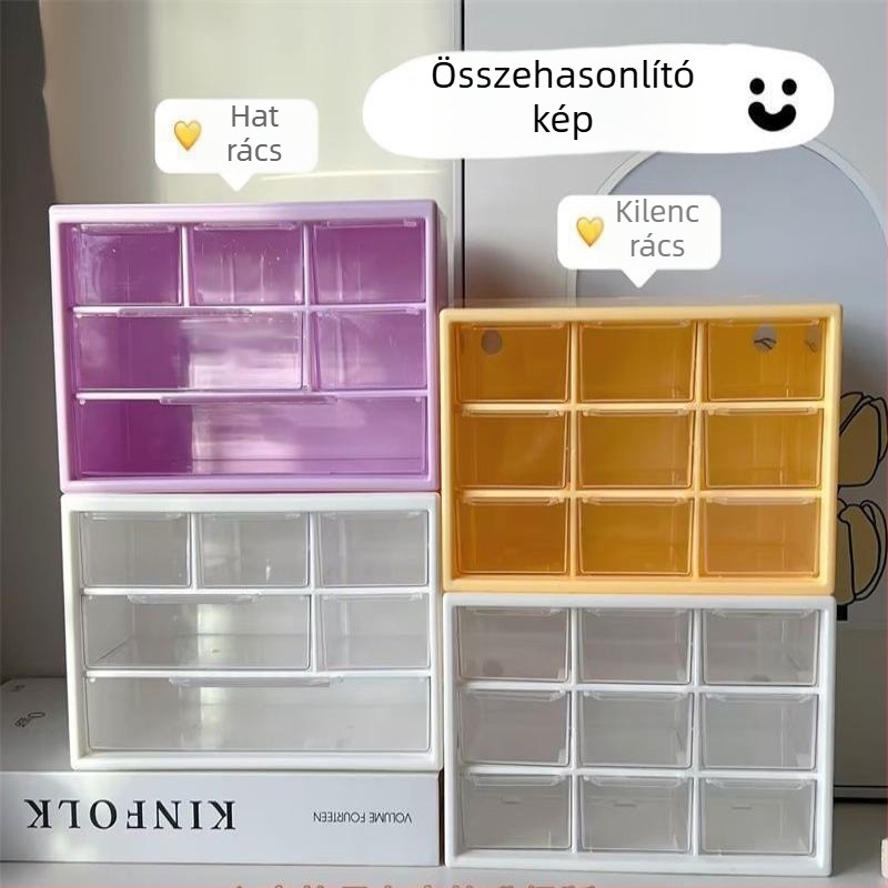 Akril tároló doboz fiókos kivitelben, hat rekesz, 1 L kapacitás, modern minimalist dizájn, asztali rendező.