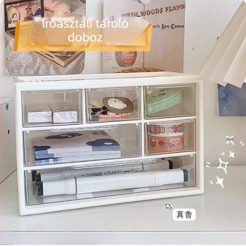 Akril tároló doboz fiókos kivitelben, hat rekesz, 1 L kapacitás, modern minimalist dizájn, asztali rendező.