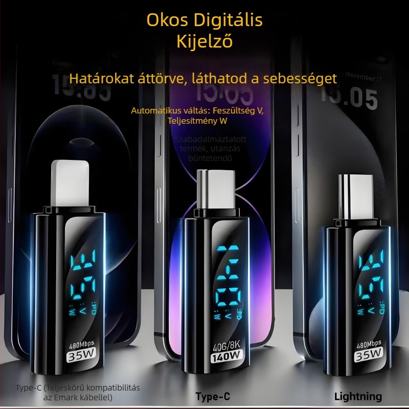 Type-C digitális kijelző adapter áram- és feszültség kijelzővel, USB-C férfi–nő, PD140W intelligens kijelző notebookokhoz