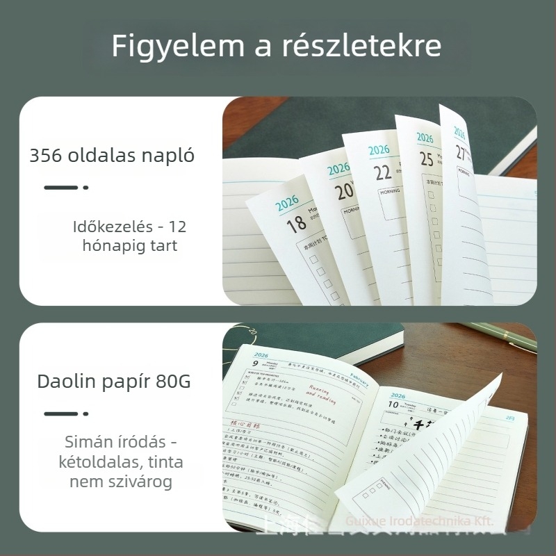 Időgazdálkodási tervező, egy oldal napi tervre - 2026 terv, PU borító, univerzális kötés, 300–400 oldal, füzet-stílus 587294812